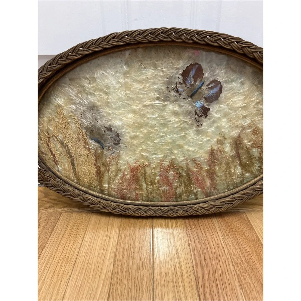Wicker Oval Serving Tray Real Pressed Butterfly Dried Flower Vintage Glass 19